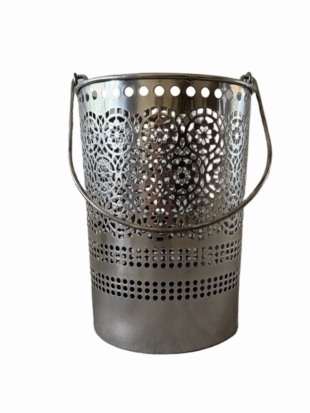 Silver Metal Filigree Hanging Lantern Candle Holder Votive Tea Light